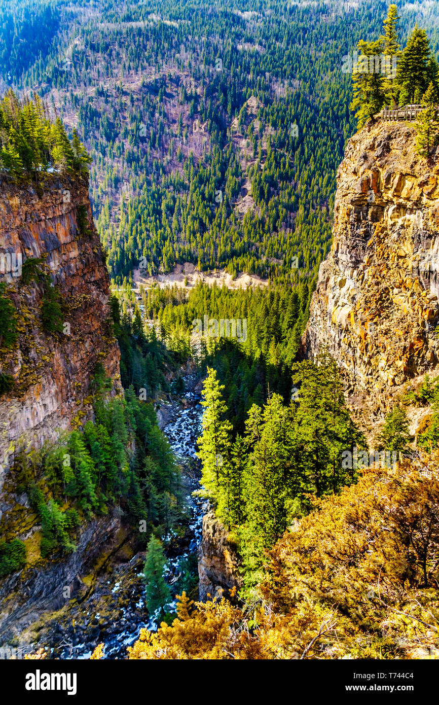 Spahats Creek deep in the canyon right after Spahats Falls and before it runs into the Clearwater River in Wells Gray Provincial Park at Clearwater BC Stock Photo