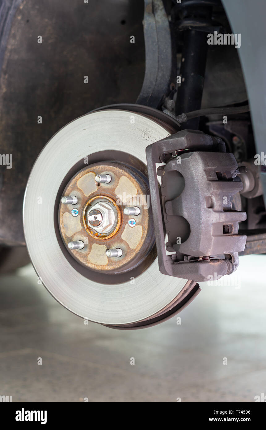 Image of a brake disc and its brake caliper before a brake pads change