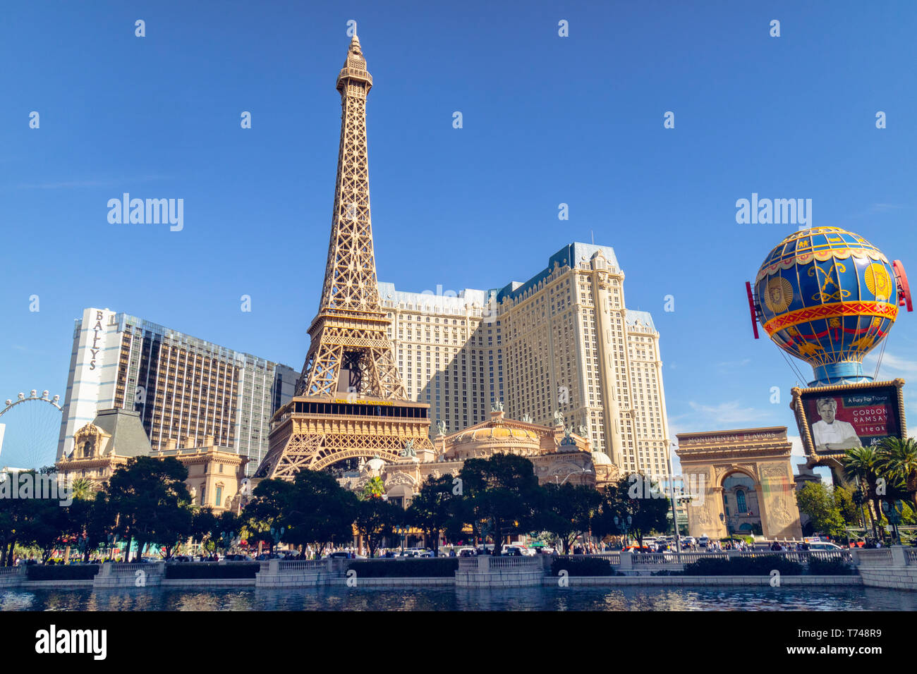 Las Vegas, Bally's Hotel, and Paris Hotel and Casino, View from Bellagio Fountains. Las Vegas, Nevada, USA, November 19, 2016 Stock Photo