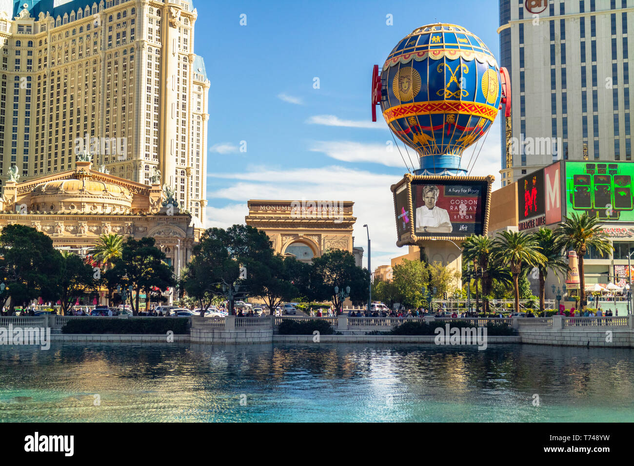 Bally's Hotel, Planet Hollywood Hotel and Casino, and Paris Hotel and Casino, Montgolfier Balloon with the Theme of Paris.Las Vegas, November 19, 2016 Stock Photo