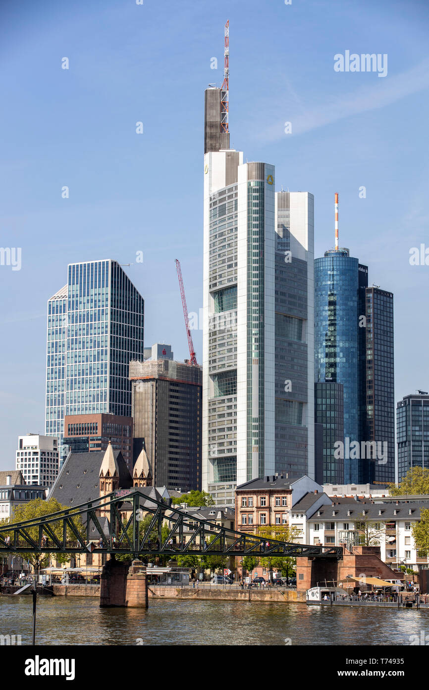 Frankfurt am Main, view of the city skyline, left bank of the Main, Eiserner Steg Bridge Stock Photo