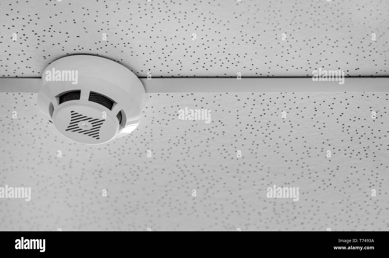 Modern smoke detector on ceiling indoors Stock Photo