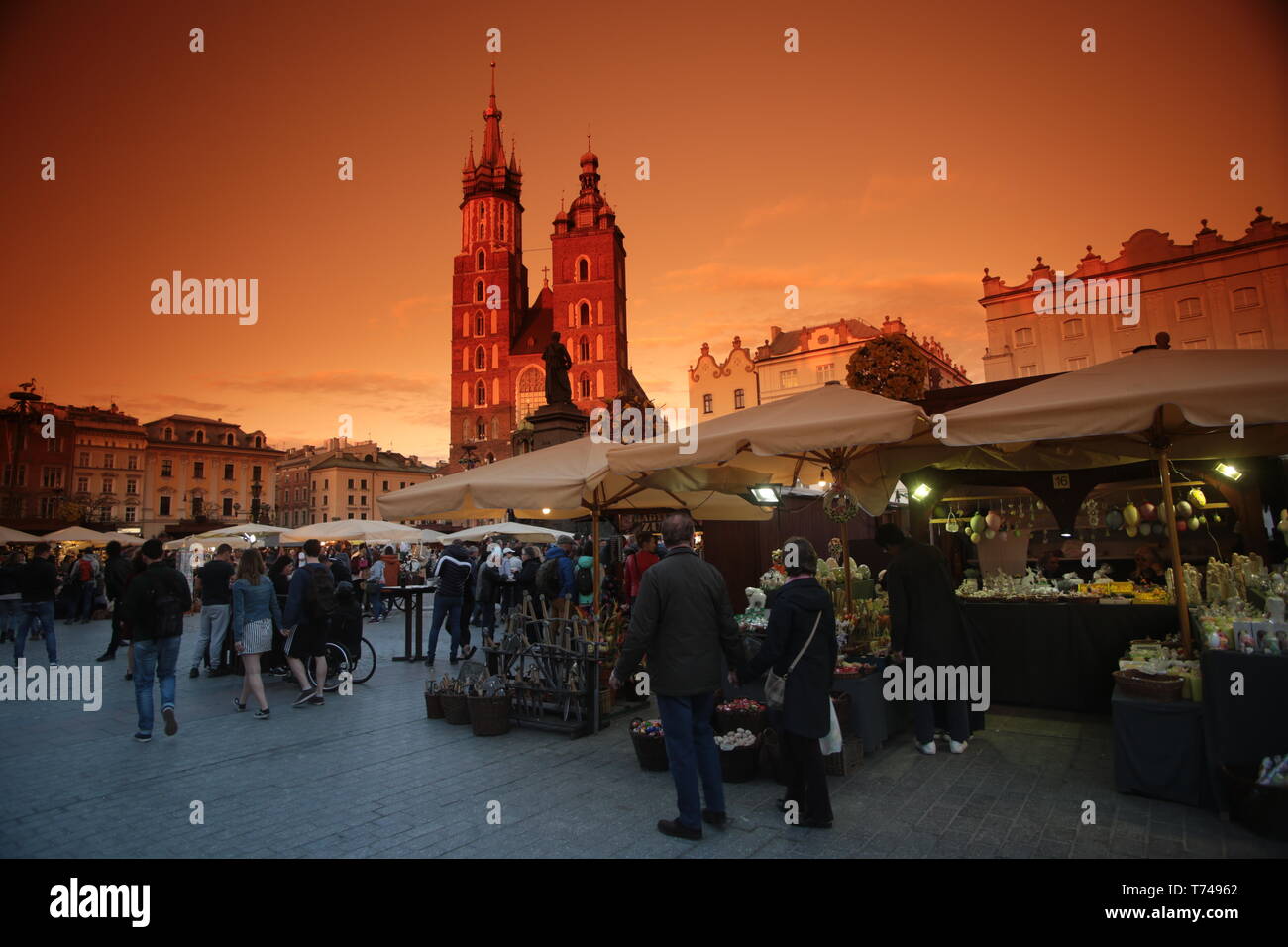 Cracow, Krakau , Poland - St.Mary's Basilica.Old Town.Market Square. Stock Photo