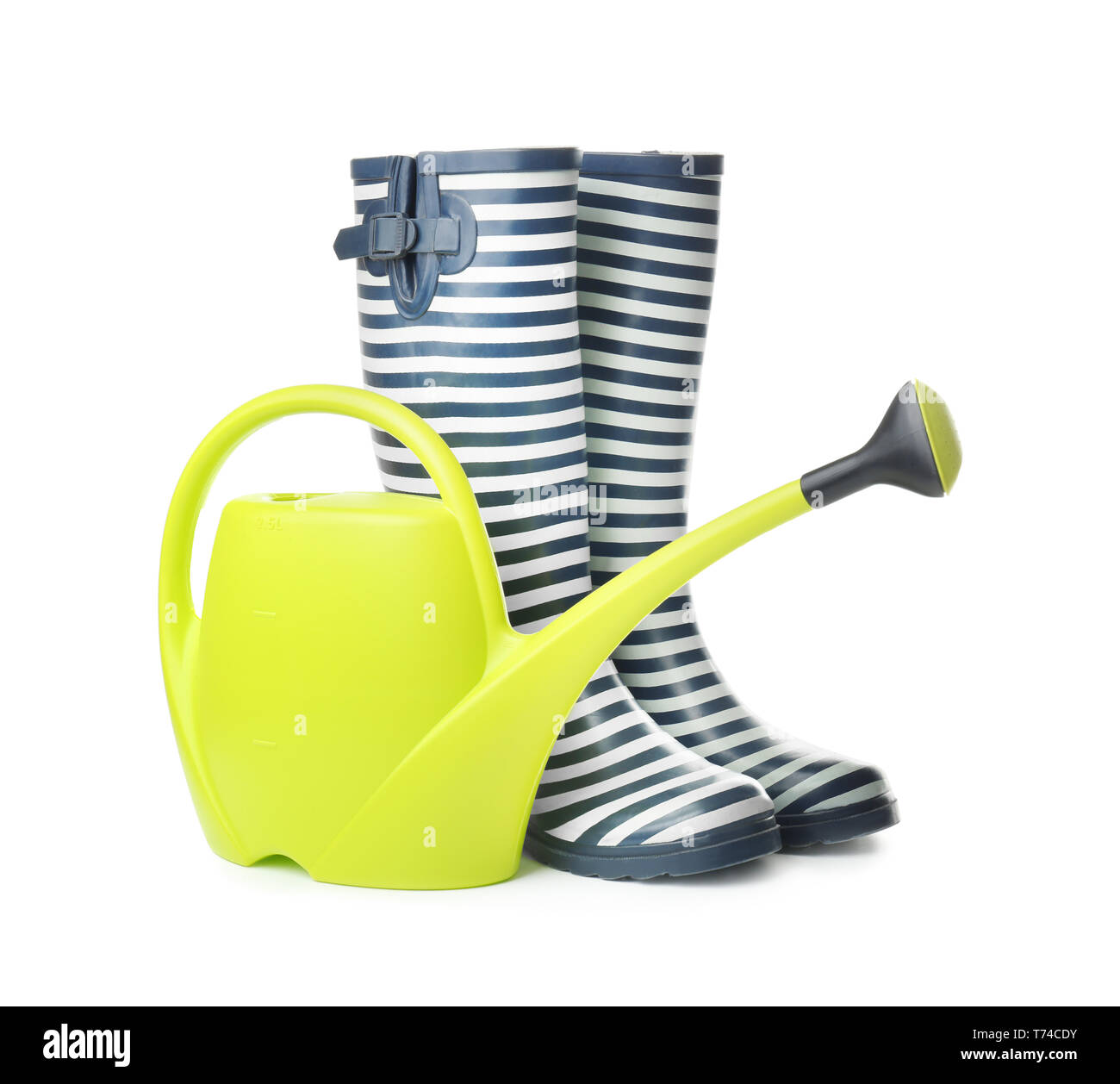 gumboots-with-watering-can-for-gardening-on-white-background-stock