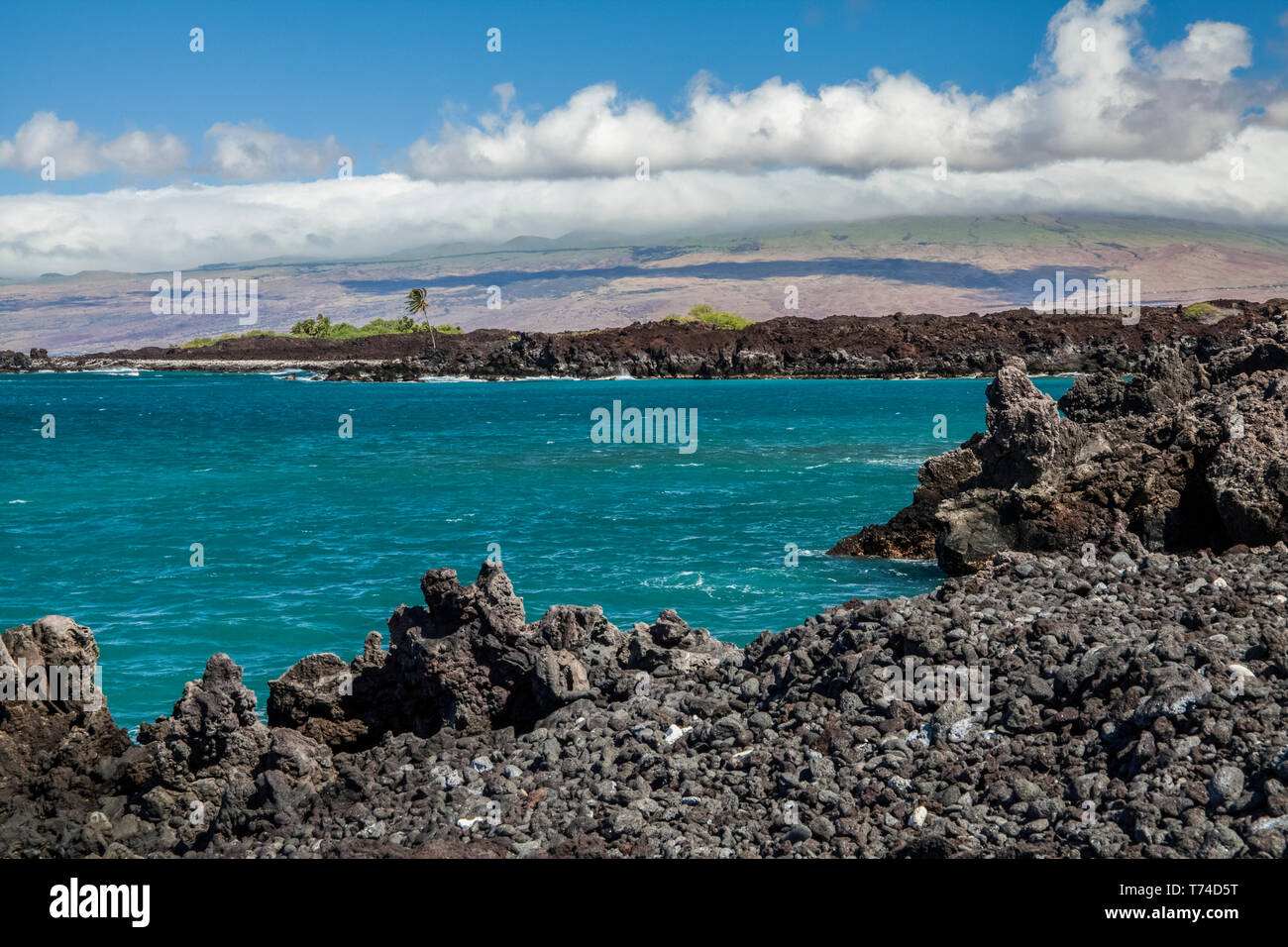 Lava rock and coastline near Pueo Bay, North Kona coast; Kailua-Kona, Island of Hawaii, Hawaii, United States of America Stock Photo