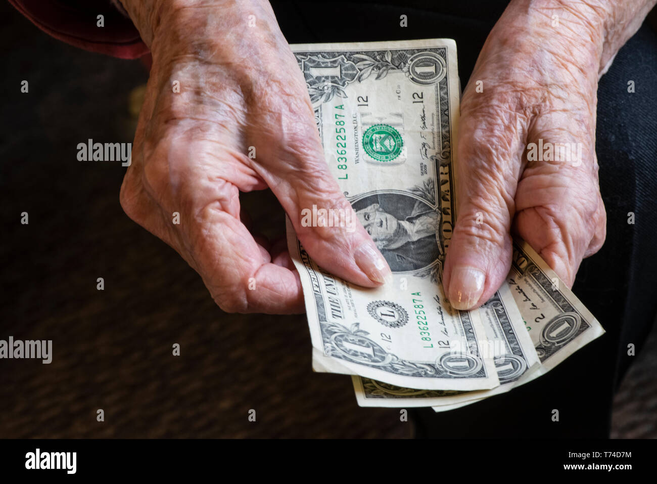 Senior woman's hands counting out a few dollars; Olympia, Washington, United States of America Stock Photo