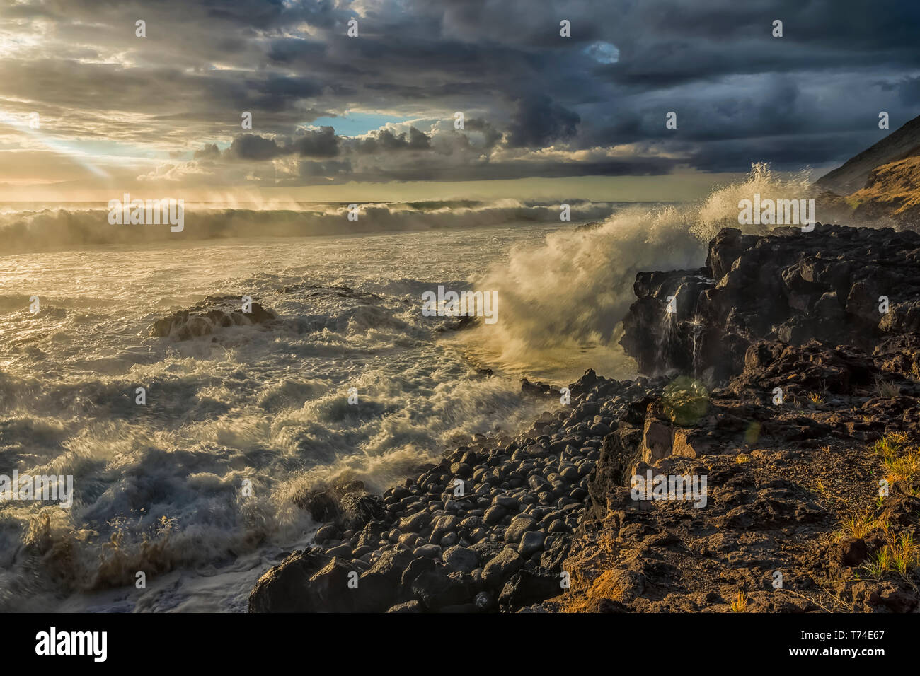 Waves pound the shoreline along the West coast of Oahu; Oahu, Hawaii, United States of America Stock Photo