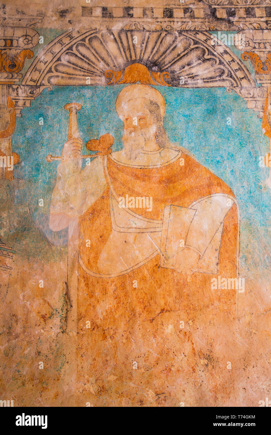 Fresco of St. Paul in Church of Santa Clara, founded 1553; Dzidzantun, Yucatan, Mexico Stock Photo