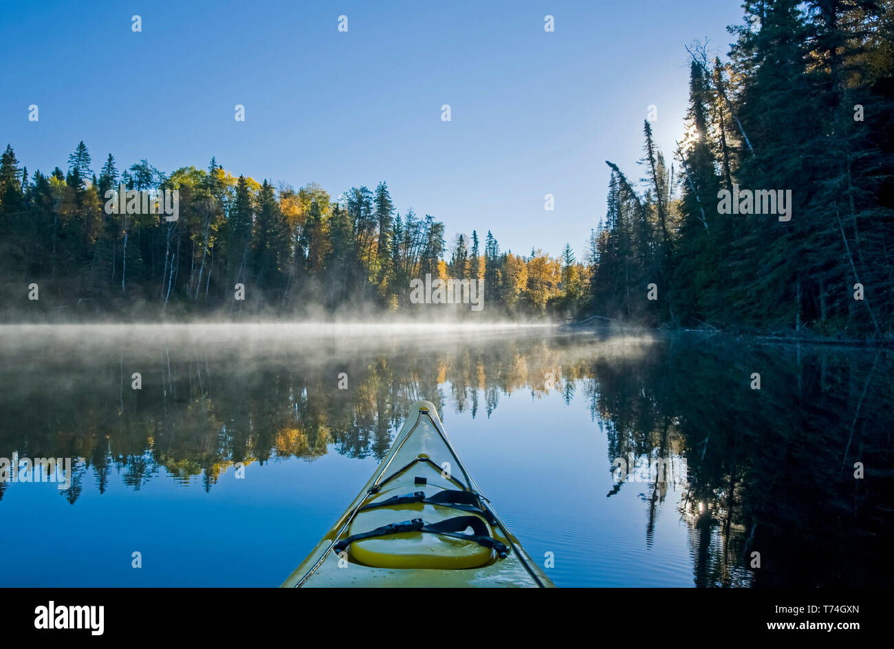 Kayaking at Glad Lake, Duck Mountain Provincial Park; Manitoba, Canada Stock Photo