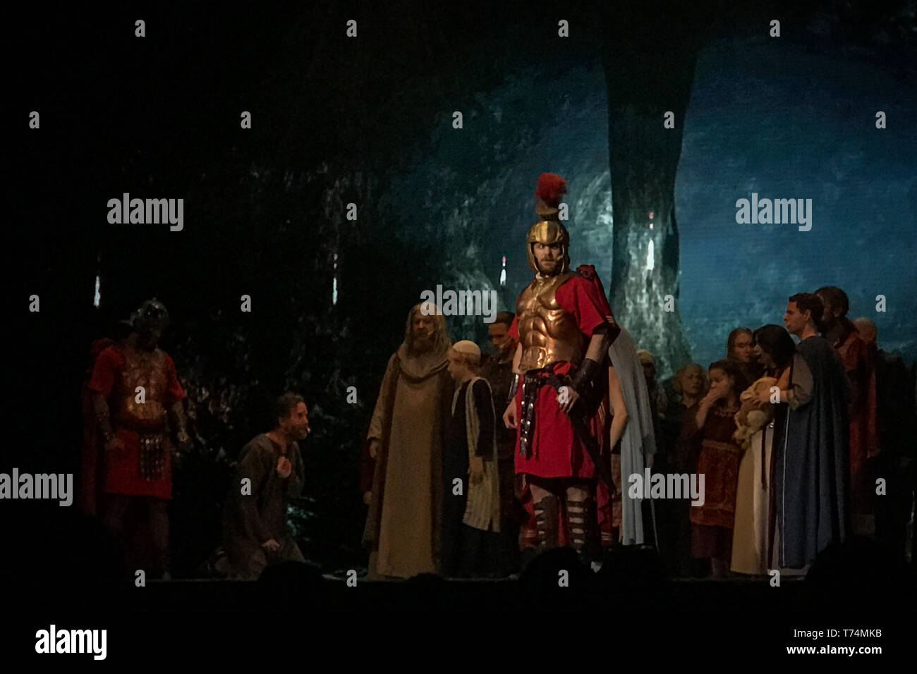 Orlando, Florida, USA. 3rd May, 2019. Actors perform ''The Empire and the Kingdom'' (part one) in the Church of All Nations in The Holy Land Experience (HLE) in Orlando, Florida. The theme park, owned by the Trinity Broadcasting Network, recreates the architecture and themes of the ancient city of Jerusalem in 1st-century Judea. HLE is a non-denominational Christian living biblical museum and church. The park opened in February 2001. There are multiple live performances given throughout various locations each the day. Credit: Tracy Barbutes/ZUMA Wire/Alamy Live News Stock Photo