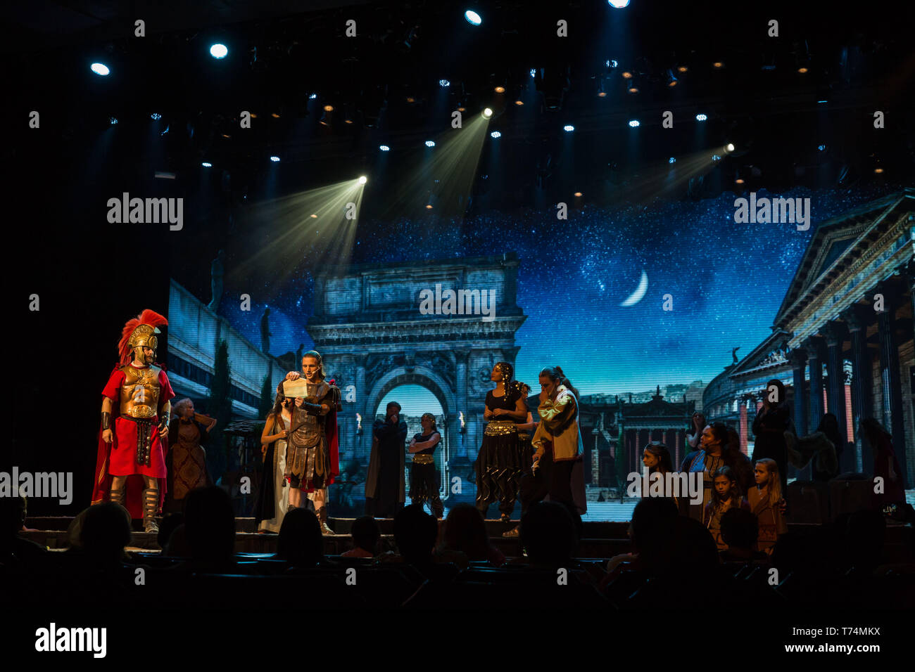Orlando, Florida, USA. 3rd May, 2019. Actors perform ''The Empire and the Kingdom'' (part one) in the Church of All Nations in The Holy Land Experience (HLE) in Orlando, Florida. The theme park, owned by the Trinity Broadcasting Network, recreates the architecture and themes of the ancient city of Jerusalem in 1st-century Judea. HLE is a non-denominational Christian living biblical museum and church. The park opened in February 2001. There are multiple live performances given throughout the day in various locations in the park. Credit: Tracy Barbutes/ZUMA Wire/Alamy Live News Stock Photo