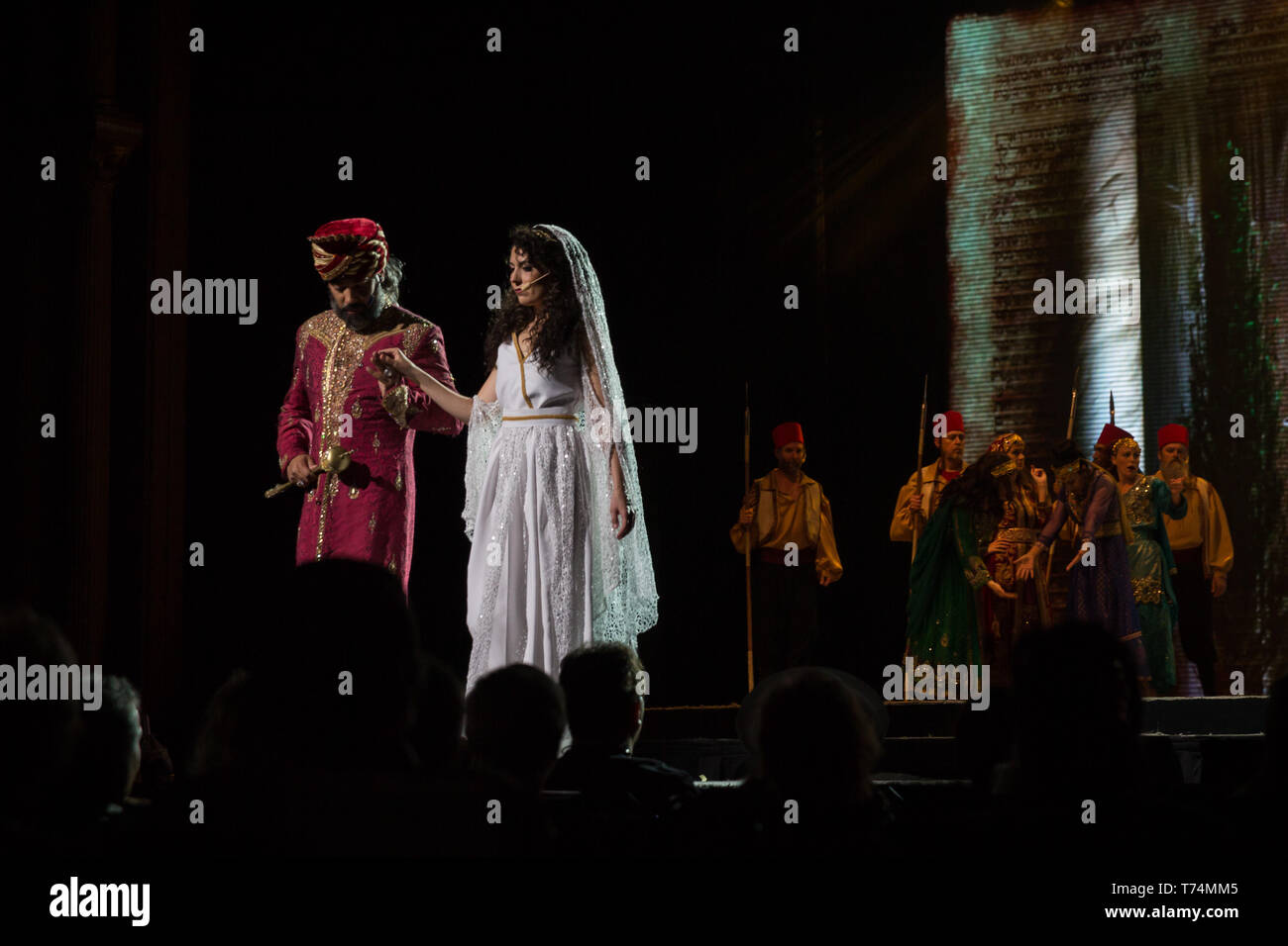 Orlando, Florida, USA. 3rd May, 2019. Actors perform ''The Empire and the Kingdom'' (part one) in the Church of All Nations in The Holy Land Experience (HLE) in Orlando, Florida. The theme park, owned by the Trinity Broadcasting Network, recreates the architecture and themes of the ancient city of Jerusalem in 1st-century Judea. HLE is a non-denominational Christian living biblical museum and church. The park opened in February 2001. There are multiple live performances given throughout various locations each the day in the park. Credit: Tracy Barbutes/ZUMA Wire/Alamy Live News Stock Photo