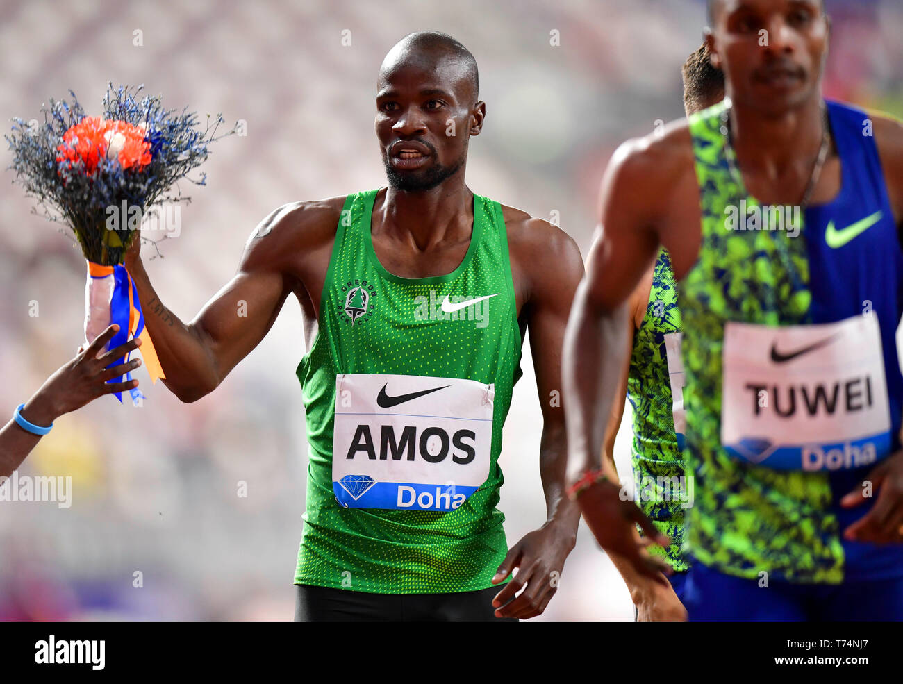 Doha, Qatar. 3rd May, 2019. Nijel Amos of Botswana celebrates after the men's 800m final at 2019 IAAF Diamond League at Khalifa International Stadium in Doha, Qatar, May 3, 2019. Nijel Amos won the gold medal with 1 minute and 44.29 seconds. Credit: Nikku/Xinhua/Alamy Live News Stock Photo