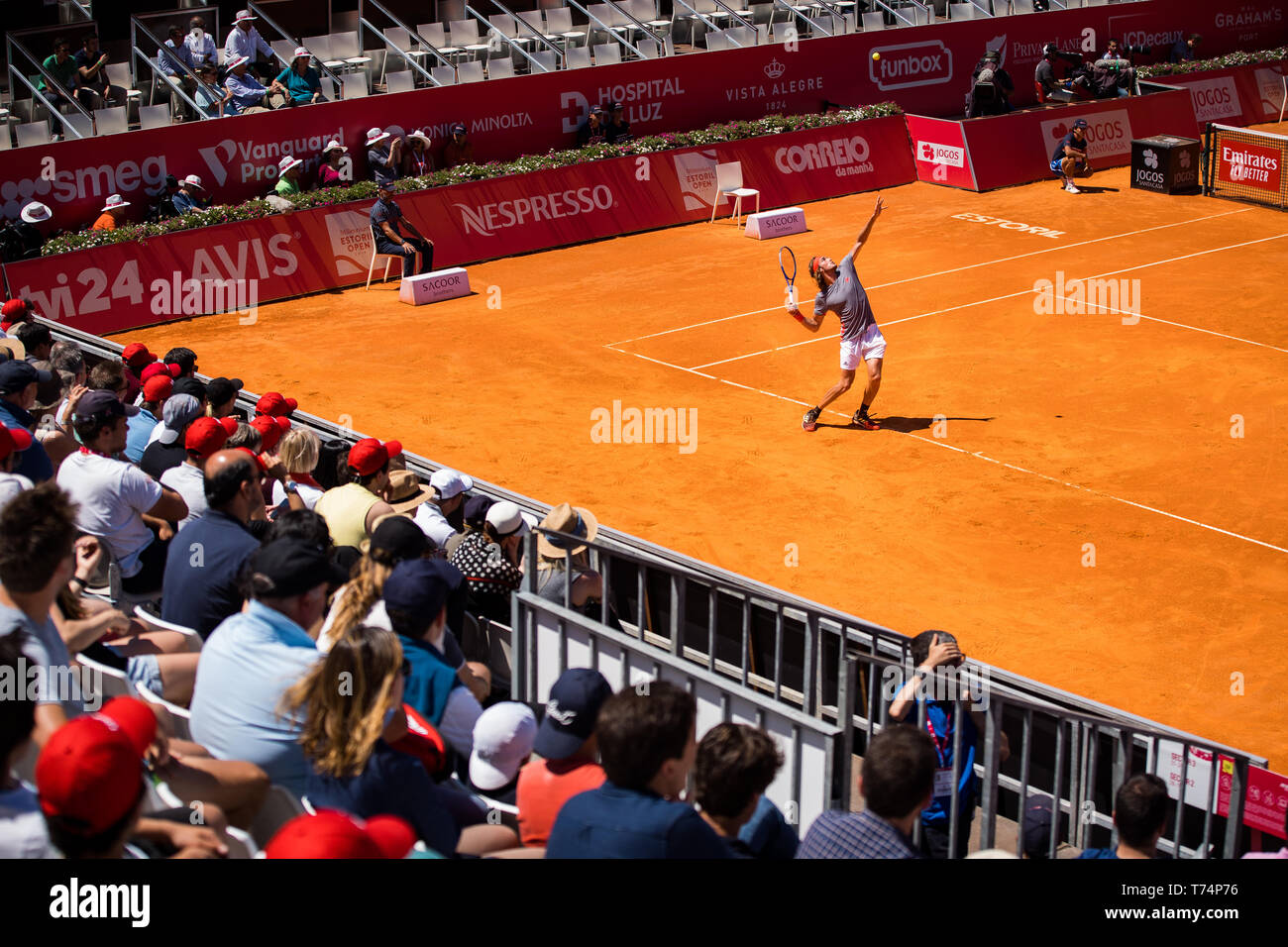 Estoril, Portugal. 03rd May, 2019. Greek Stefanos Tsitsipas during the game  with the Portuguese Joao Domingues for the Millennium Estoril Open ATP 250  tennis match, in Estoril, near Lisbon. Credit: SOPA Images