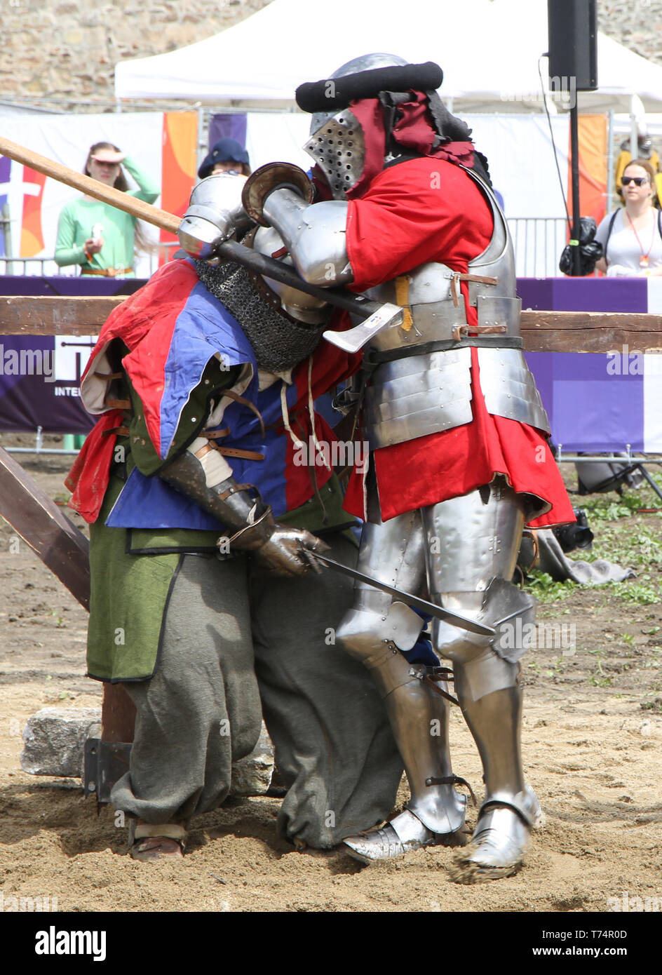 Smederevo. 2nd May, 2019. Two competitors clash at the opening day of the 10th World National HMB (Historic Medieval Battle) Championship in Smederevo, Serbia on May 2, 2019. Fighters from 40 countries gathered in the Serbian city of Smederevo for an unusual international tournament that recreates historic battle techniques-the World National HMB Championship. The Chinese team is made up of 27 members, and it is China's third appearance at the event. Credit: Nemanja Cabric/Xinhua/Alamy Live News Stock Photo