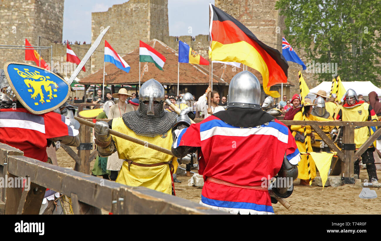 Smederevo. 2nd May, 2019. Competitors clash at the opening day of the 10th World National HMB (Historic Medieval Battle) Championship in Smederevo, Serbia on May 2, 2019. Fighters from 40 countries gathered in the Serbian city of Smederevo for an unusual international tournament that recreates historic battle techniques-the World National HMB Championship. The Chinese team is made up of 27 members, and it is China's third appearance at the event. Credit: Nemanja Cabric/Xinhua/Alamy Live News Stock Photo