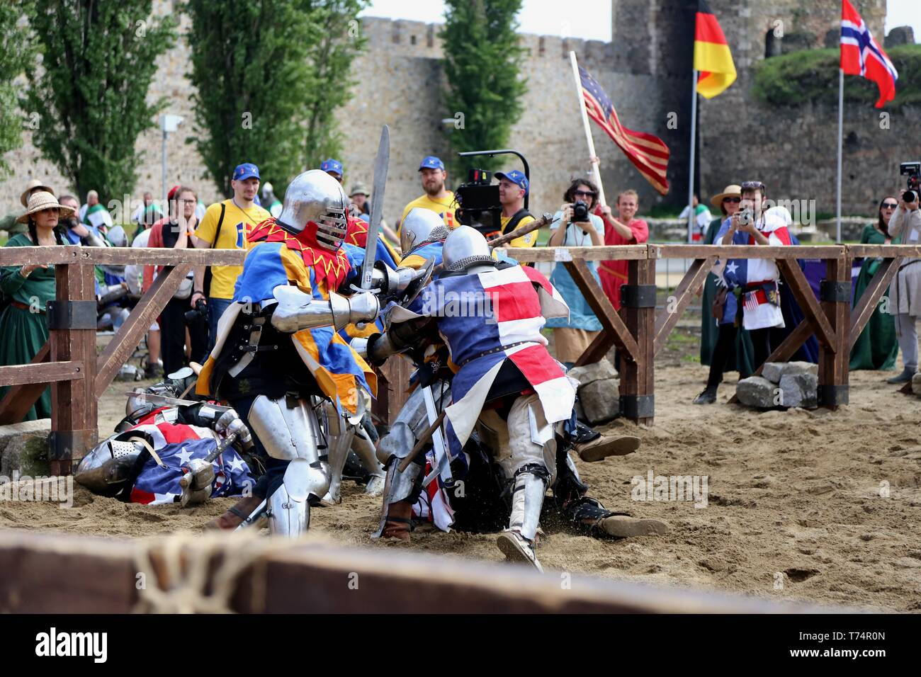 Smederevo. 2nd May, 2019. Competitors clash at the opening day of the 10th World National HMB (Historic Medieval Battle) Championship in Smederevo, Serbia on May 2, 2019. Fighters from 40 countries gathered in the Serbian city of Smederevo for an unusual international tournament that recreates historic battle techniques-the World National HMB Championship. The Chinese team is made up of 27 members, and it is China's third appearance at the event. Credit: Shi Zhongyu/Xinhua/Alamy Live News Stock Photo