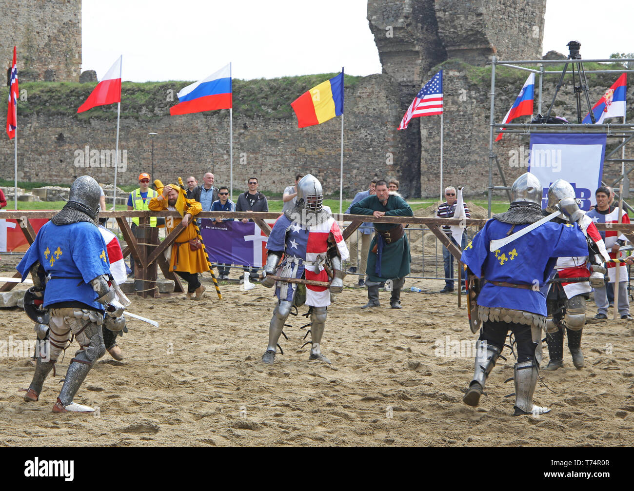 Smederevo. 2nd May, 2019. Competitors clash at the opening day of the 10th World National HMB (Historic Medieval Battle) Championship in Smederevo, Serbia on May 2, 2019. Fighters from 40 countries gathered in the Serbian city of Smederevo for an unusual international tournament that recreates historic battle techniques-the World National HMB Championship. The Chinese team is made up of 27 members, and it is China's third appearance at the event. Credit: Nemanja Cabric/Xinhua/Alamy Live News Stock Photo
