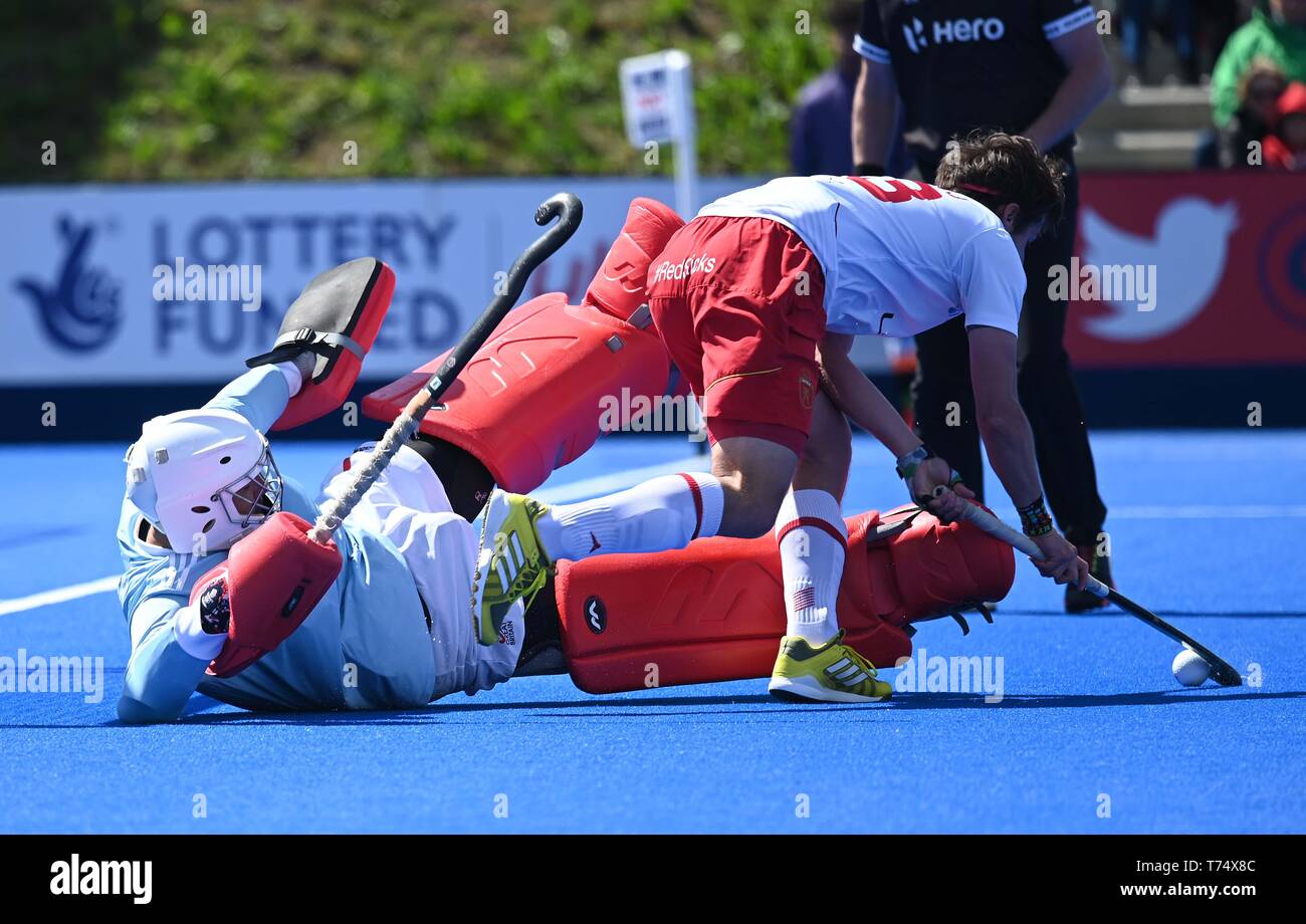 London, UK. 4th May, 2019. Josep Romeu (Spain) sends George Pinner (Great Britain, goalkeeper) the wrong way during the penalty shoot out. Great Britain v Spain. Mens hockey. FIH Pro League. Lee Valley Hockey and Tennis Centre. London. UK. 04/05/2019. Credit: Sport In Pictures/Alamy Live News Credit: Sport In Pictures/Alamy Live News Stock Photo