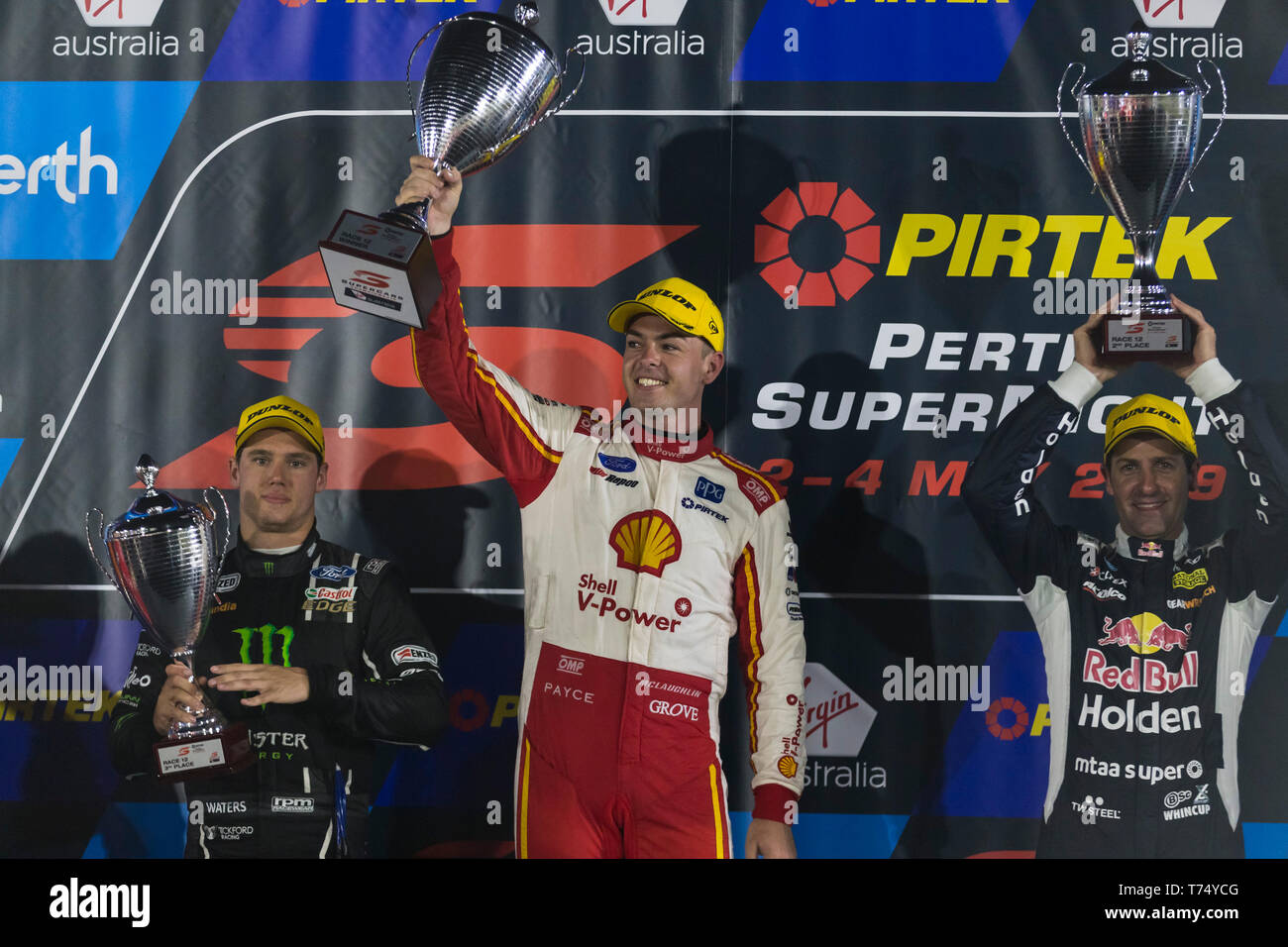 Barbagallo Raceway, Neerabup, Australia. 4th May, 2019. Virgin Australia Supercars Championship, PIRTEK Perth SuperNight, day 3; Cameron Waters, Scott McLaughlin, Jamie Whincup on the podium after Race 12 Credit: Action Plus Sports/Alamy Live News Stock Photo