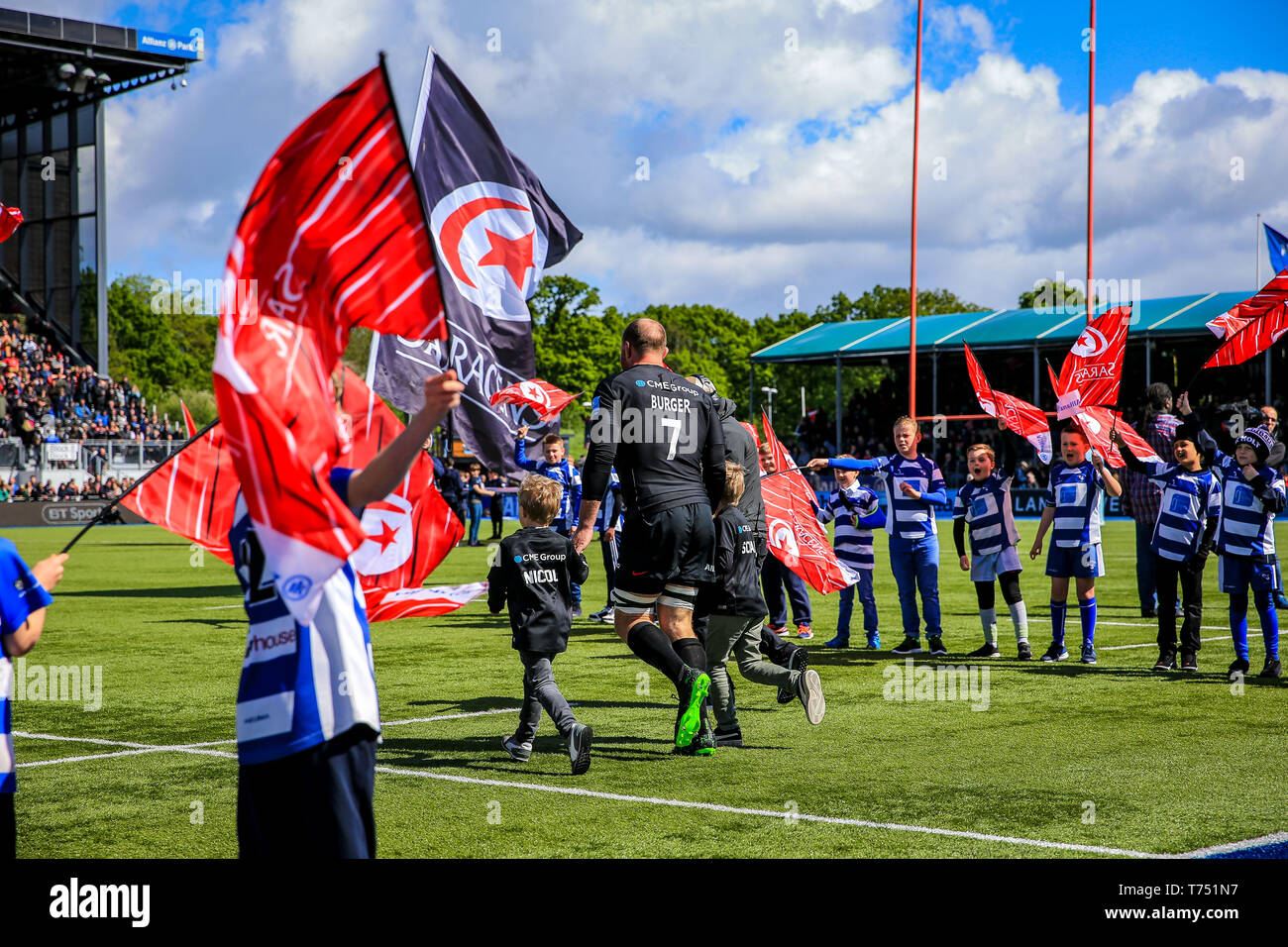 London, UK. 04th May, 2019. 4th May 2019, Allianz Park, London, England; Gallagher Premiership, Saracens vs Exeter Chiefs ; Schalk Burger (07) of Saracens heads out onto the pitch Credit: Georgie Kerr/News Images Credit: News Images /Alamy Live News Stock Photo