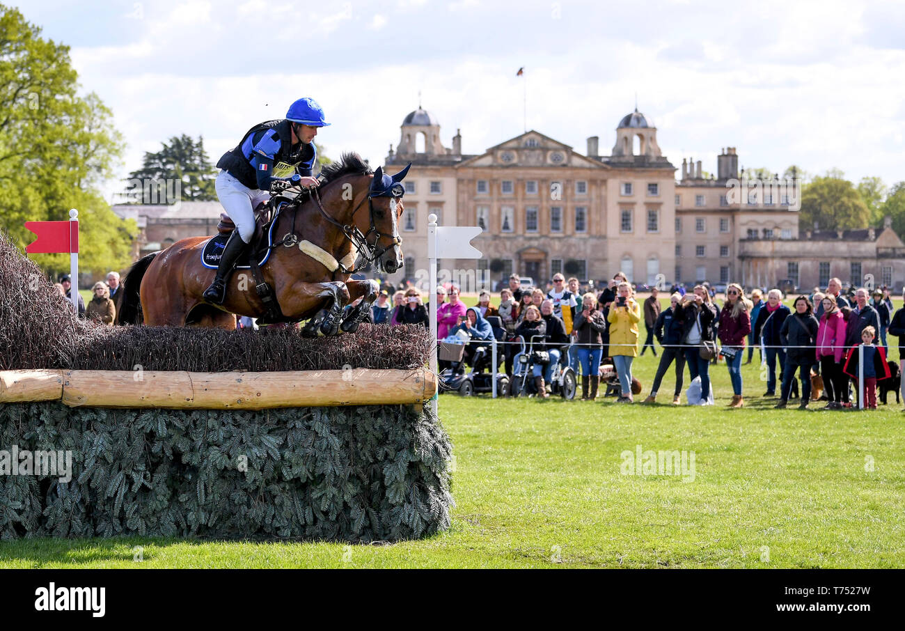 Badminton Estate, Badminton, UK. 4th May, 2019. Mitsubishi Motors Badminton Horse Trials, day 4; Sebastien Cavaillon (FRA) riding SARAH D?ARGOUGES clears a fence in front of Badminton House during the cross country test on day 4 of the 2019 Badminton Horse Trials Credit: Action Plus Sports/Alamy Live News Stock Photo