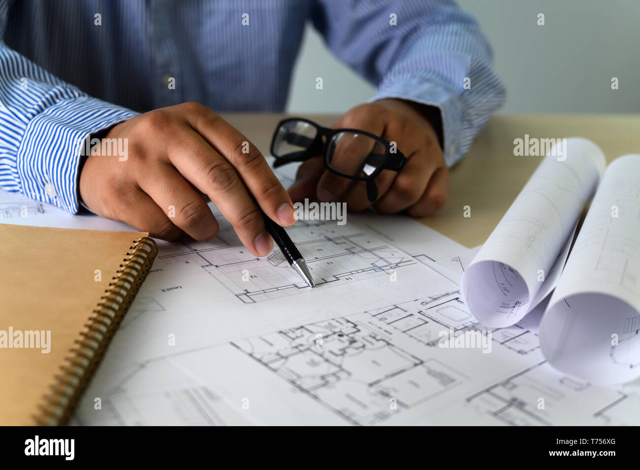 Architects working laptop  interior Architect workplace Construction concept tools Stock Photo