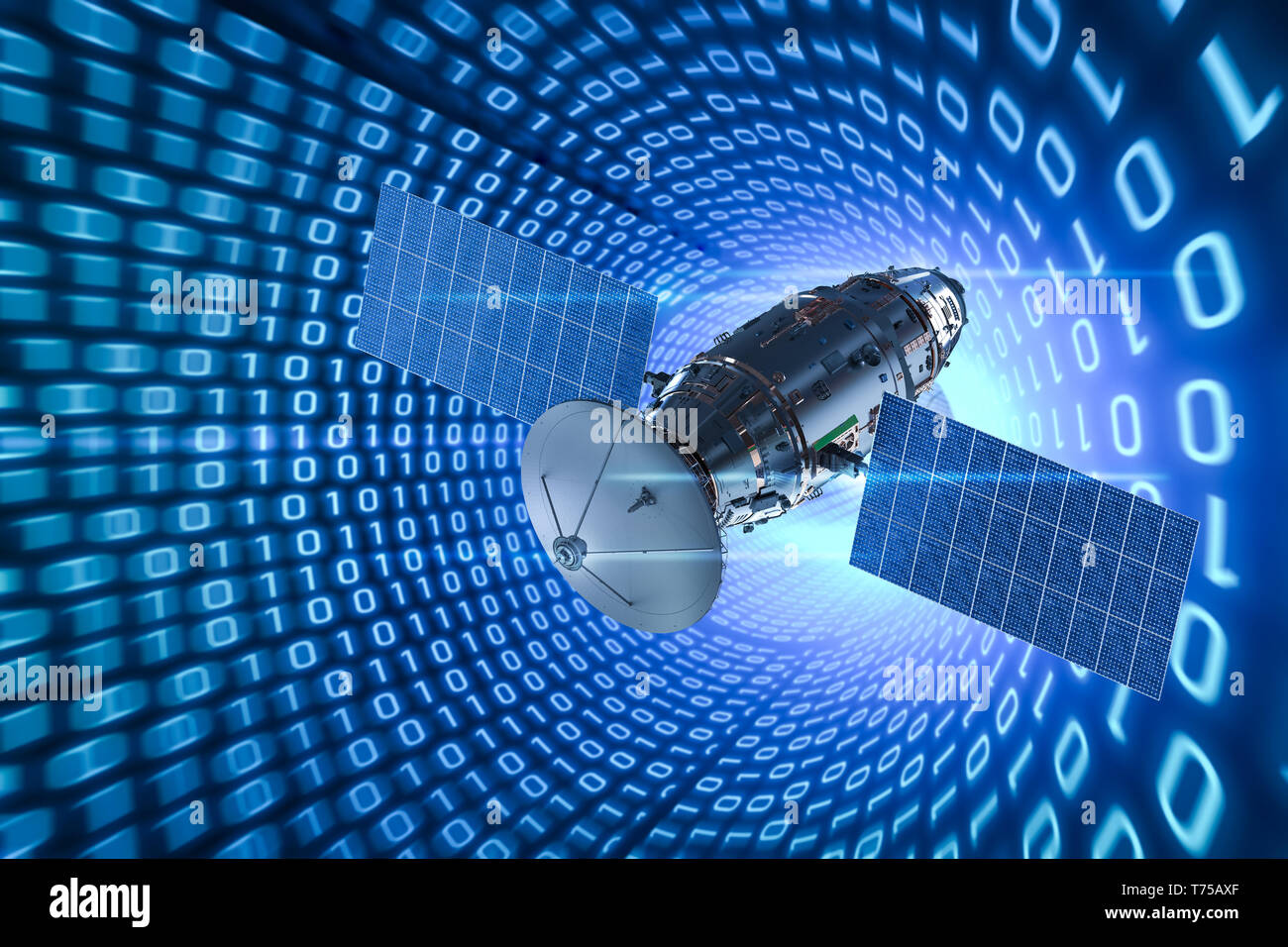 3d rendering satellite dish with antenna on binary code background ...