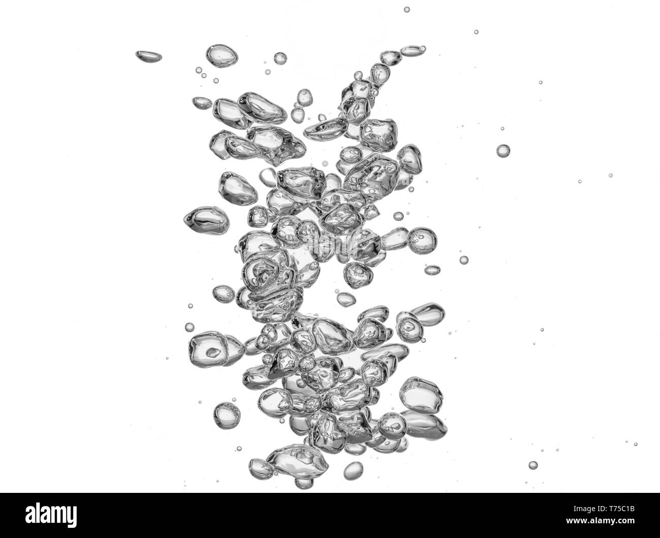 Group of unterwater bubbles rising in clear fresh water isolated on white background Stock Photo