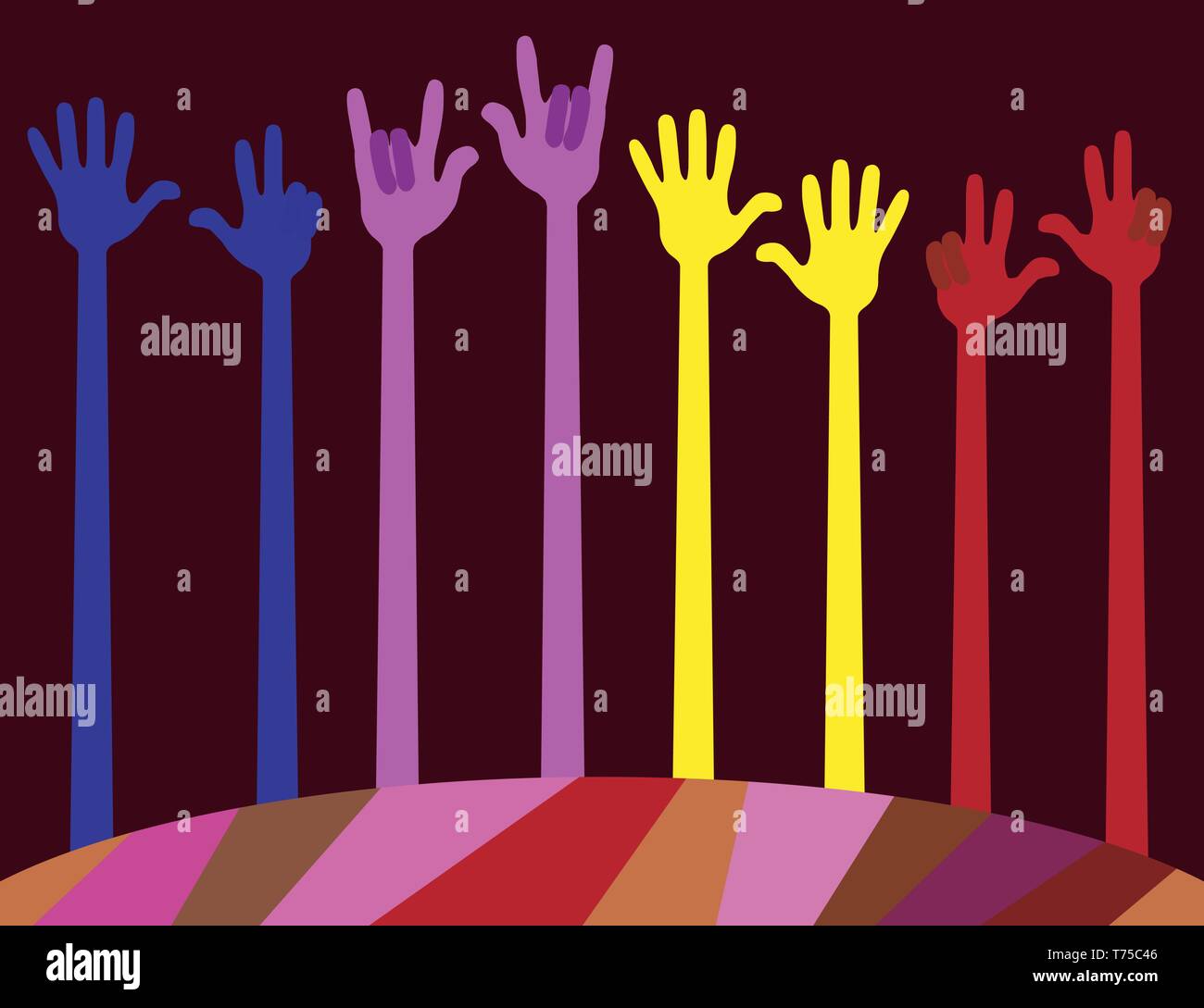 many different colored hands. palms raised up and bent fingers. vector illustration, editable to any size Stock Vector