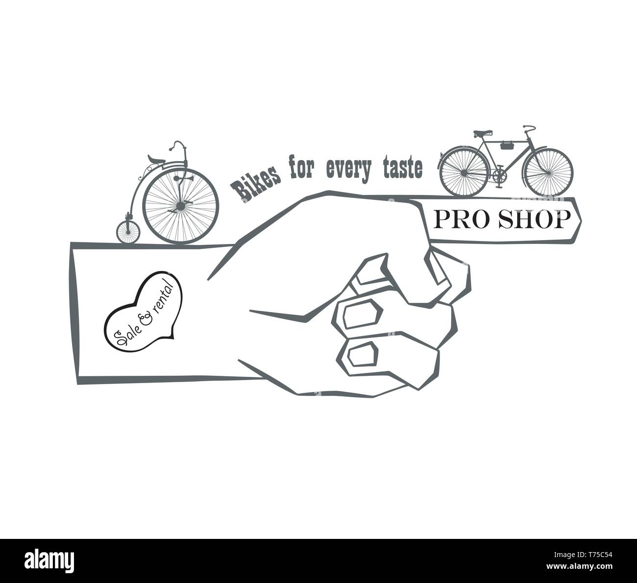 hand pointing to a shop selling and repairing bicycles. new bike on his hand on a white background, advertising and sports shop. vector illustration Stock Vector