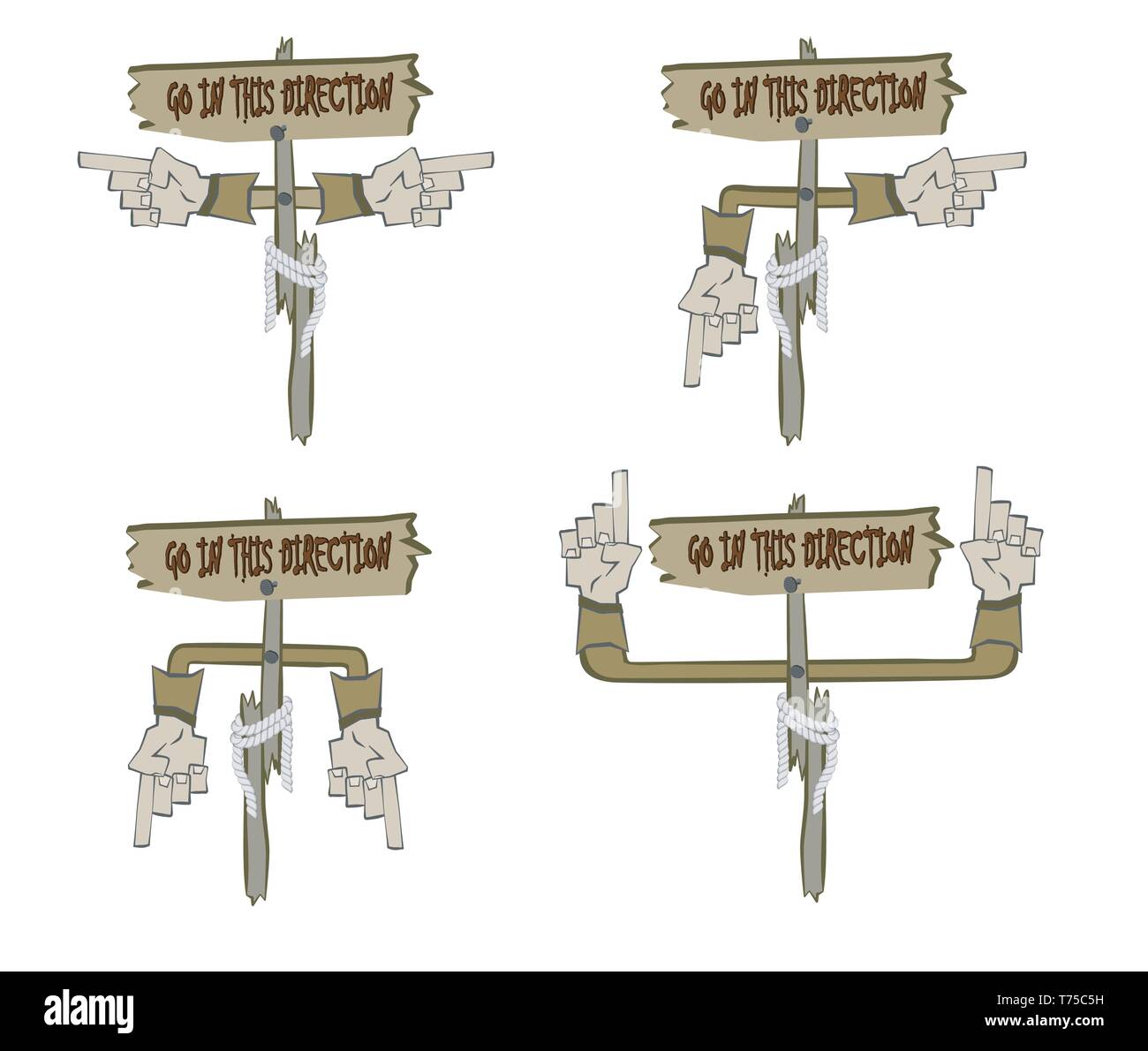 pointer from the old tree.It shows in different directions. Broken boards and a rope tied Stock Vector