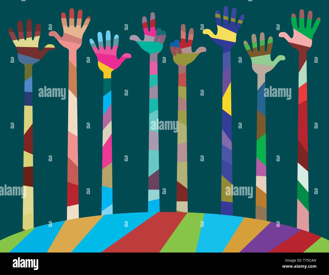 many different colored hands. palms raised up and bent fingers. vector ...