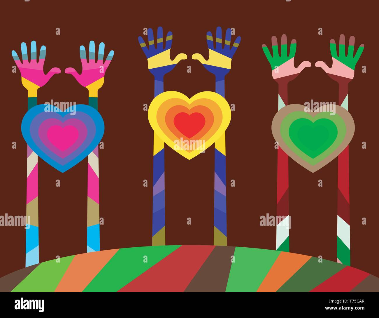 many different colored hands. palms raised upward and lift hearts. vector illustration, editable to any size Stock Vector