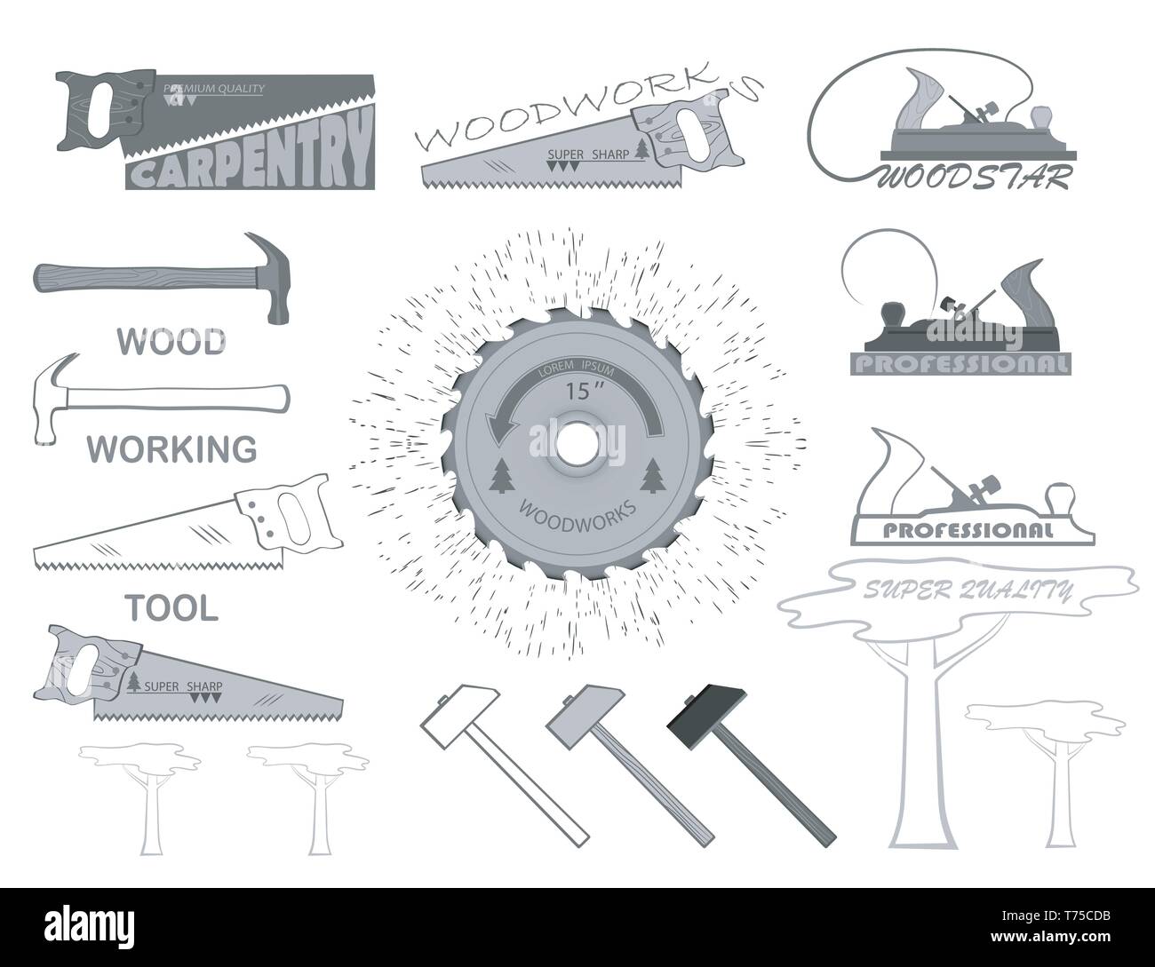 set of tools for working with wood. have a hammer, planer, circular saw