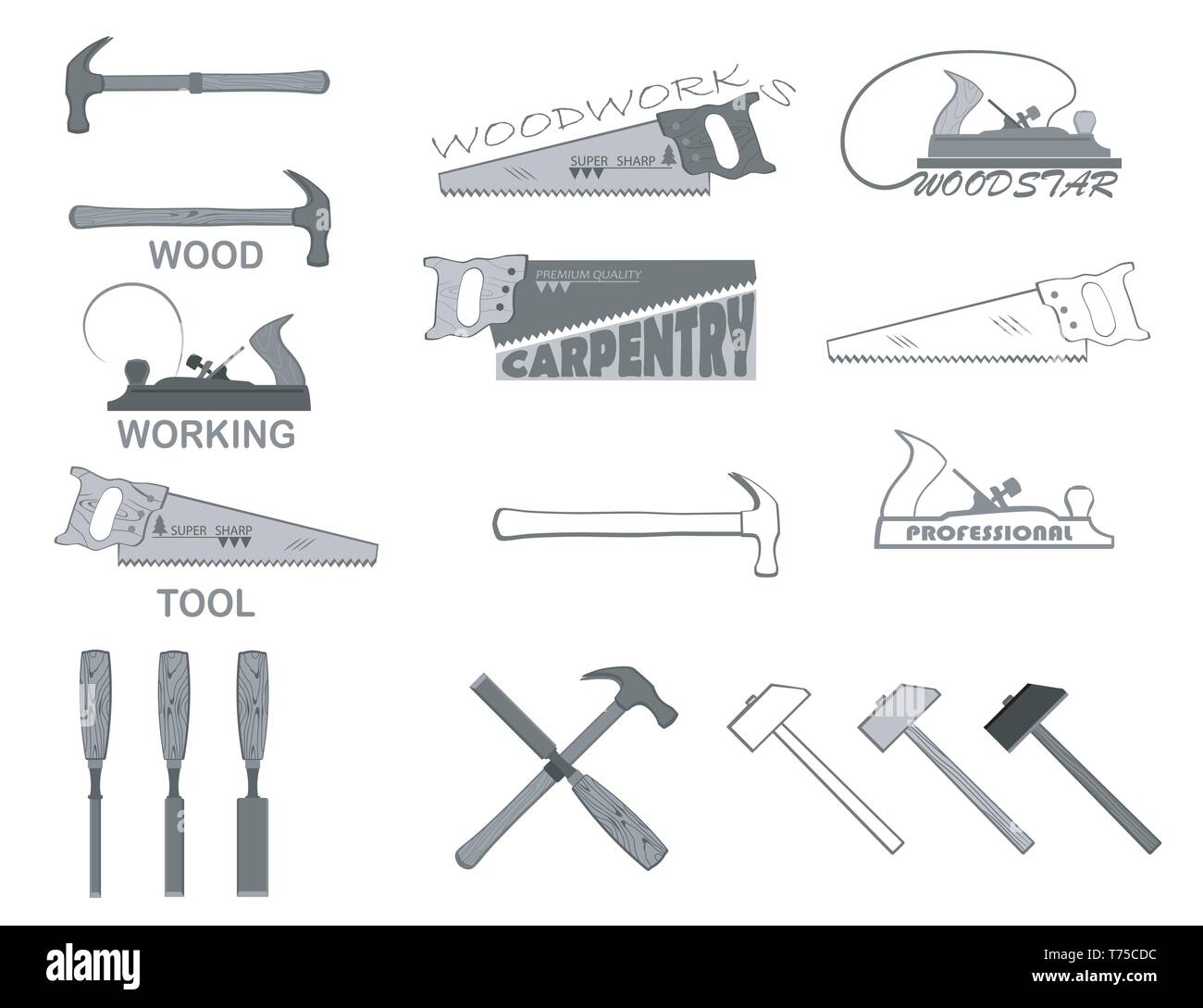 set of tools for working with wood. have a hammer, planer, circular saw