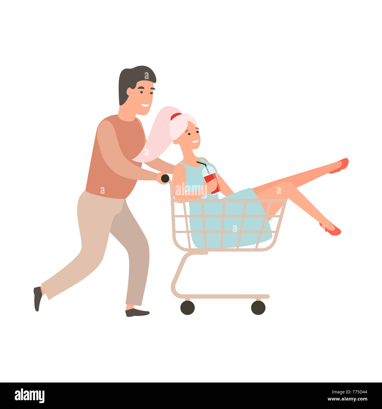 Guy rolls girl in shopping trolley. Young woman riding in cart. Happy