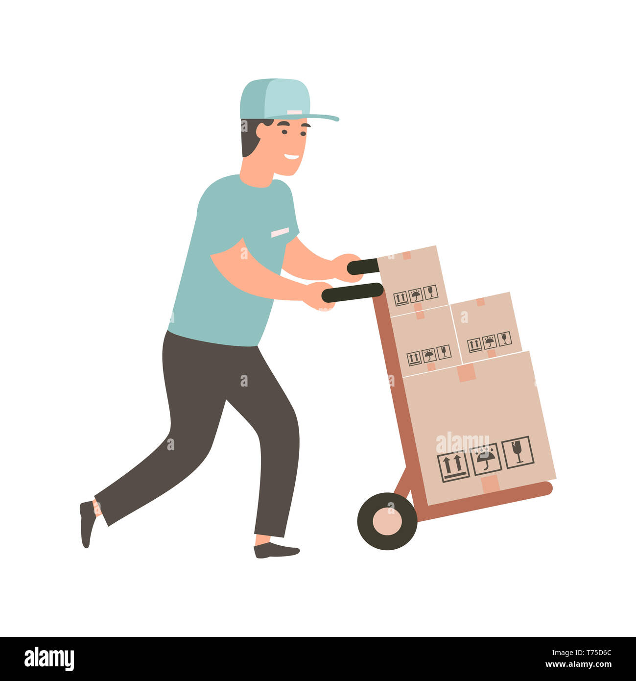 Man carries a cart with boxes. Delivery goods with dolly by hand. Delivery guy pushing a hand
