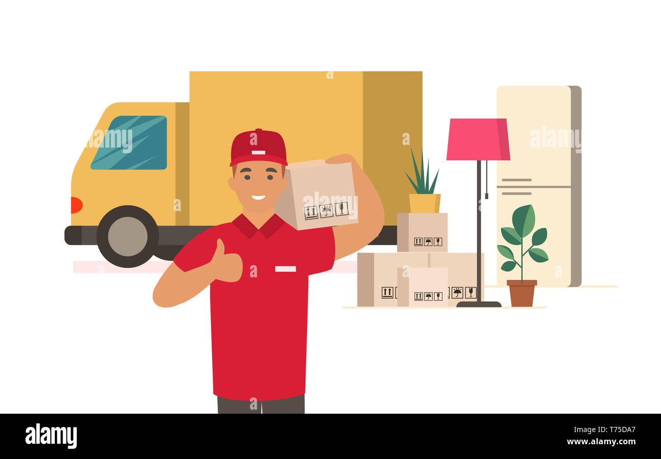 Moving House. Delivery man with cardboard boxes. Moving truck and