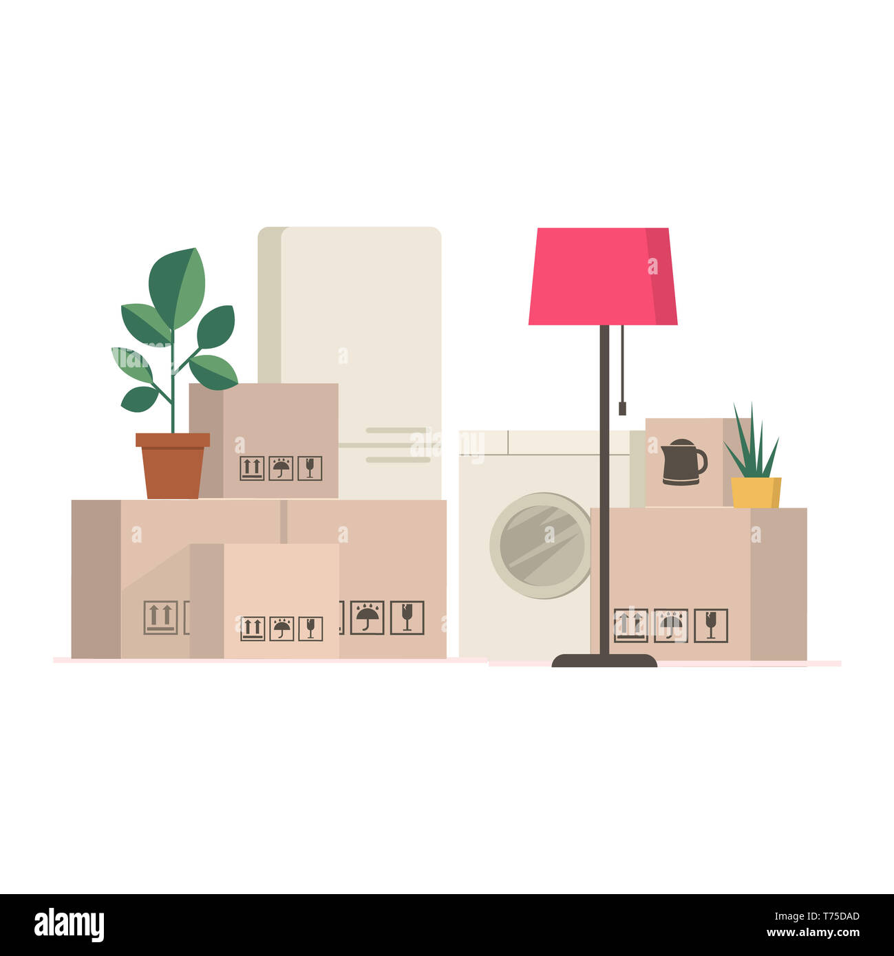Cardboard boxes and packed household stuff - moving to a new house or office. Stock Photo