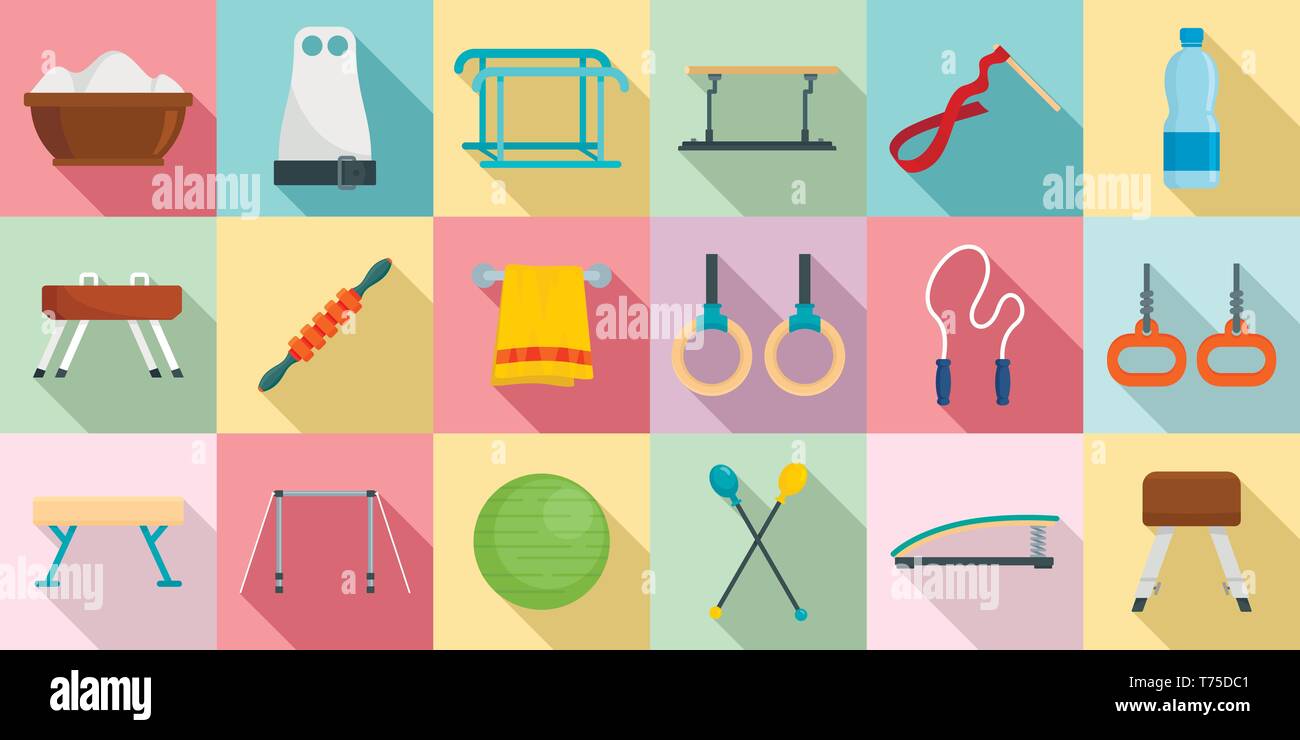 Gymnastics equipment icons set. Flat set of gymnastics equipment vector icons for web design Stock Vector