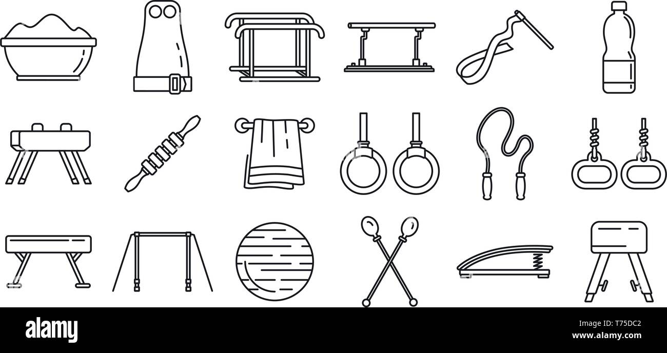Modern gymnastics equipment icons set. Outline set of modern gymnastics equipment vector icons for web design isolated on white background Stock Vector