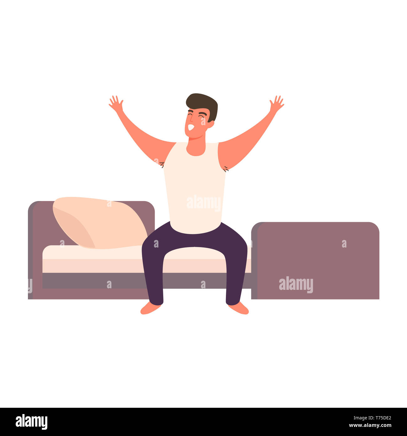Cartoon man happy waking up in the bed rising hands. Full of energy cheerful guy doing morning gymnastics Stock Photo