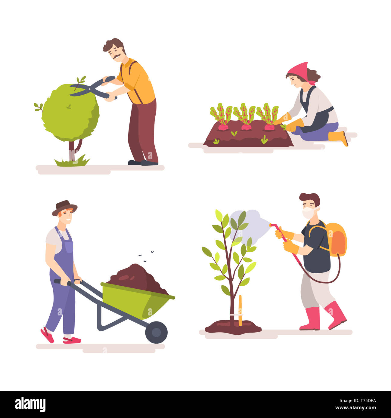 Cartoon people doing gardening job. Set of farmers or agricultural