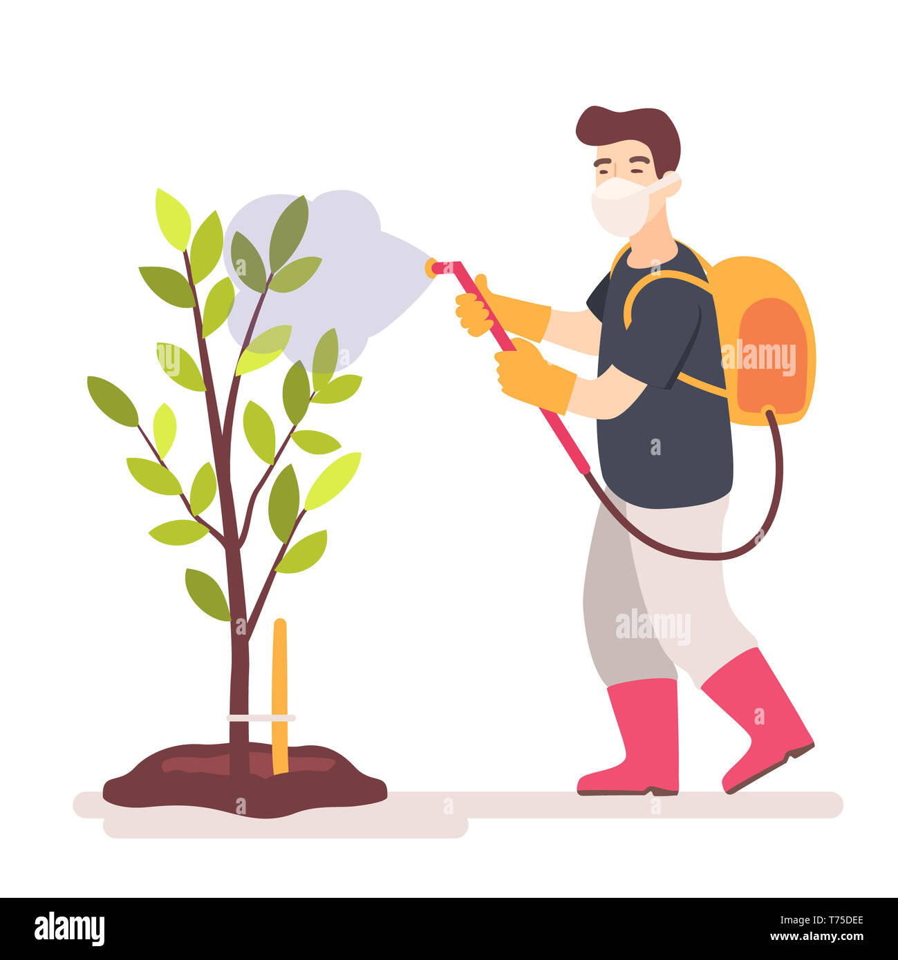 Pest Protection. Grower in mask sprays a fruit tree. Agricultural