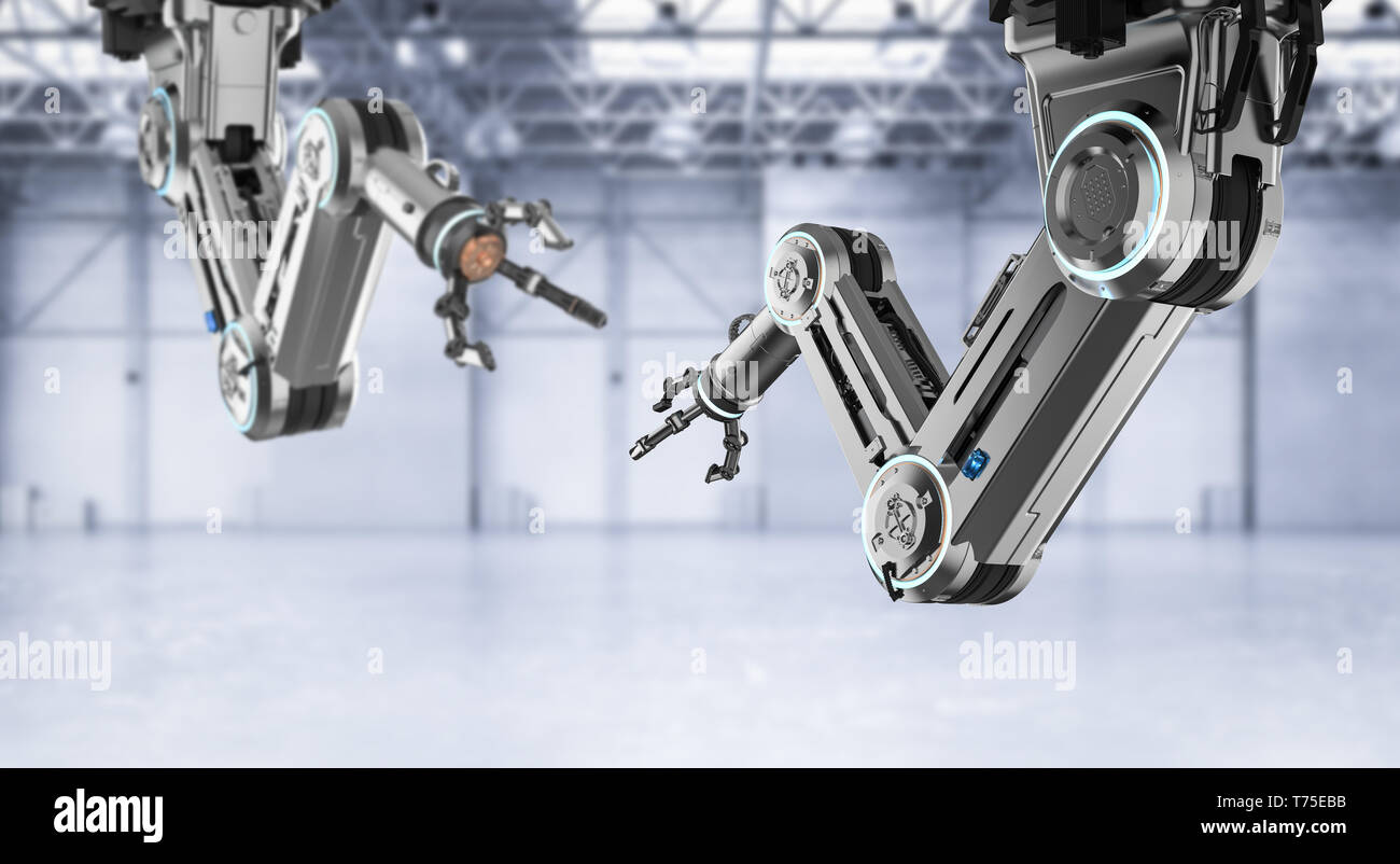 Automation factory concept with 3d rendering robotic arm in factory ...