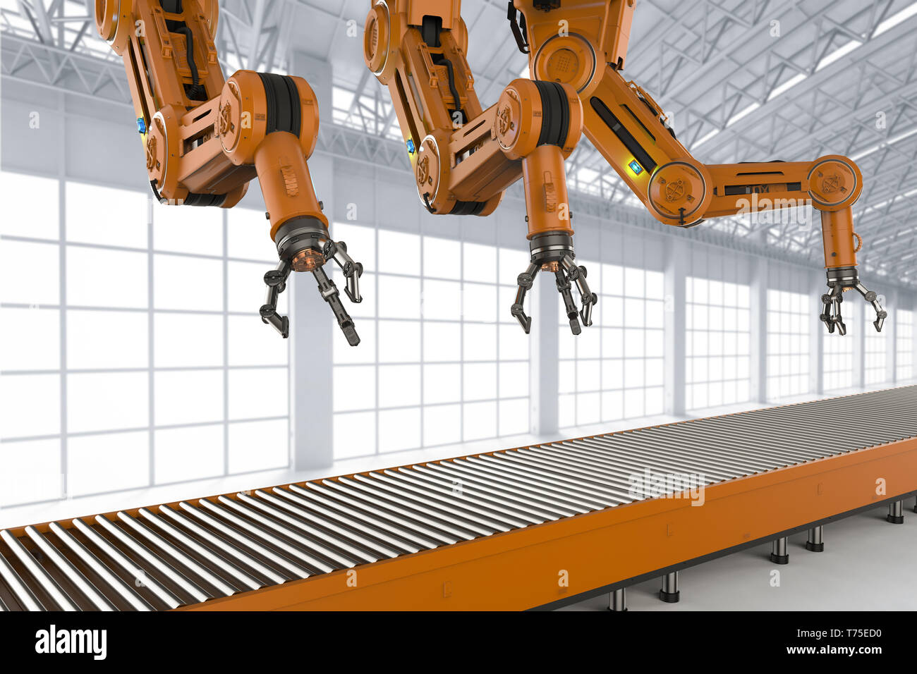 Automation factory concept with 3d rendering robot assembly line with empty conveyor belt Stock Photo