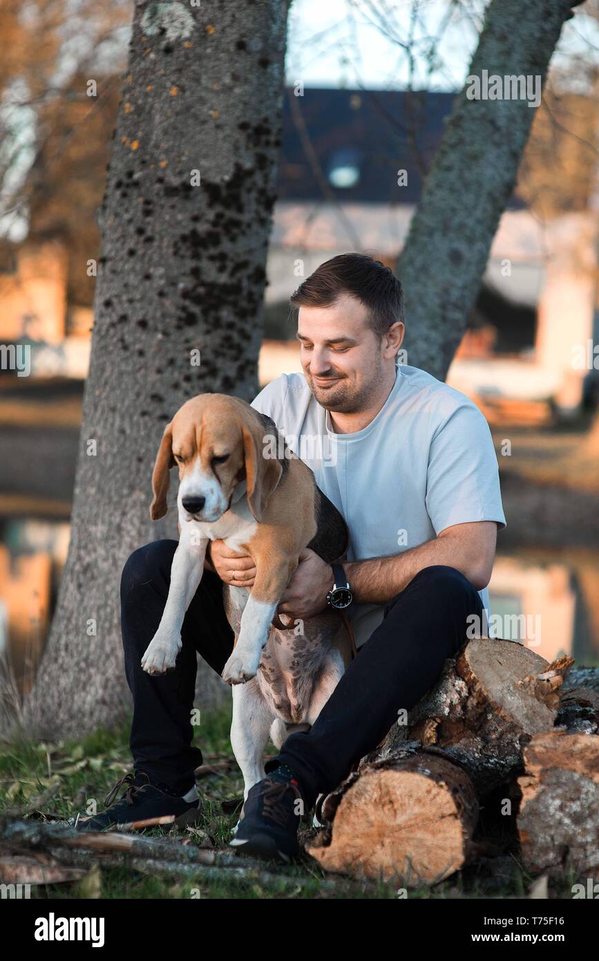 Man with favorit beagle dog pet handsome portrait Stock Photo - Alamy, image size:867x1390