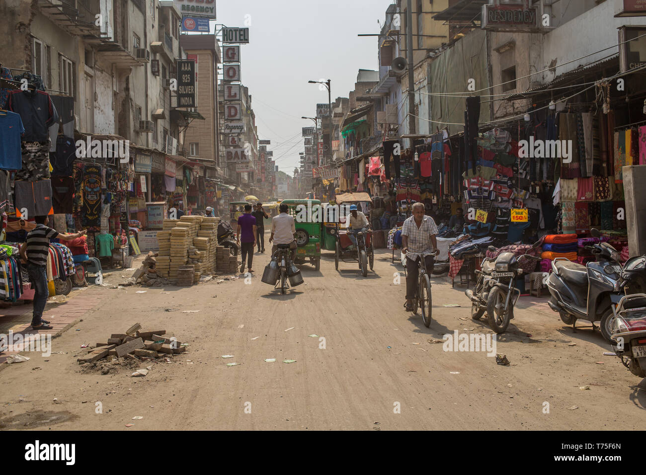 A hot and dry street in downtown New Delhi, India. Stock Photo