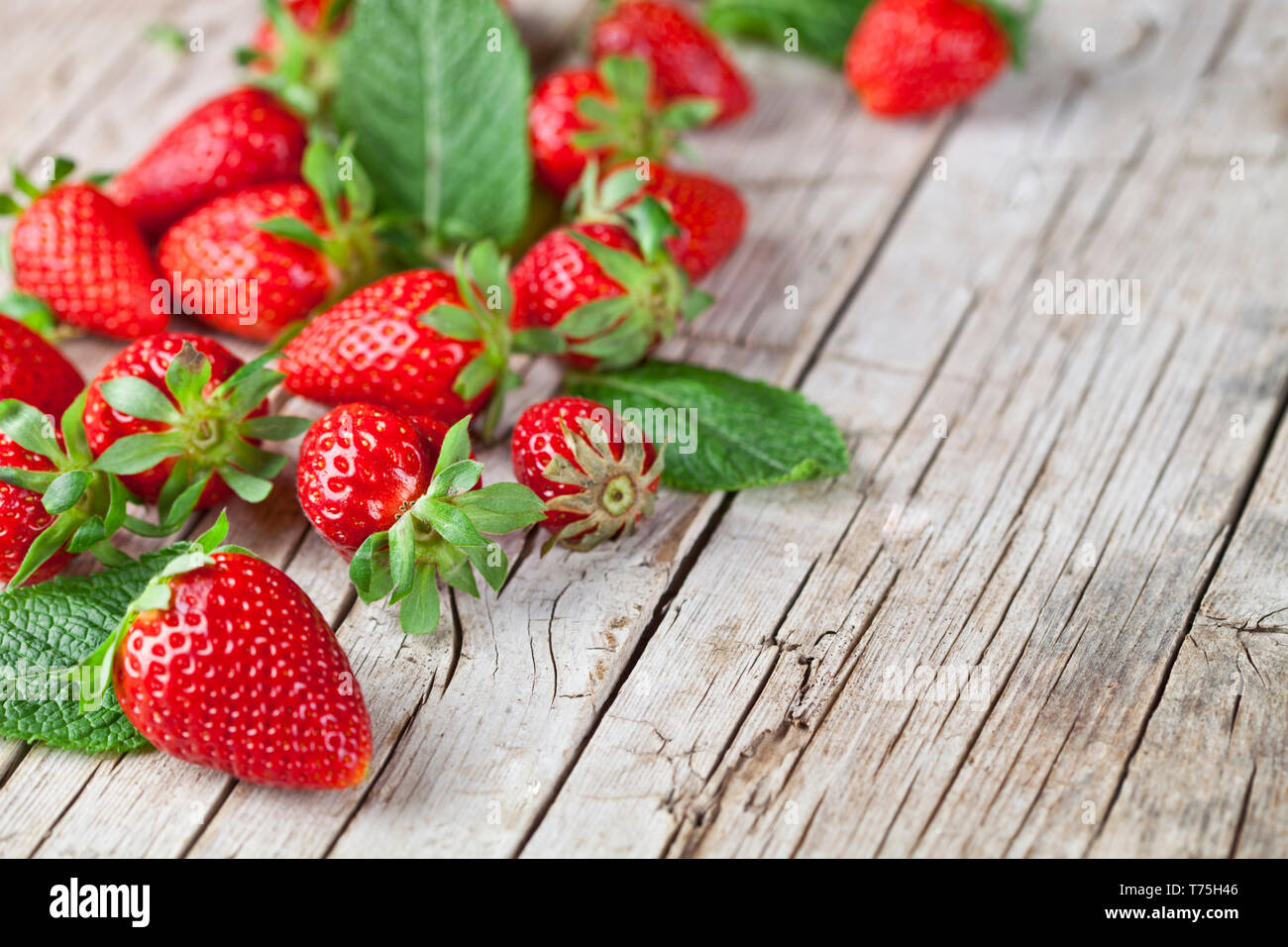 Fresh red strawberries and mint leaves on rustic wooden background ...